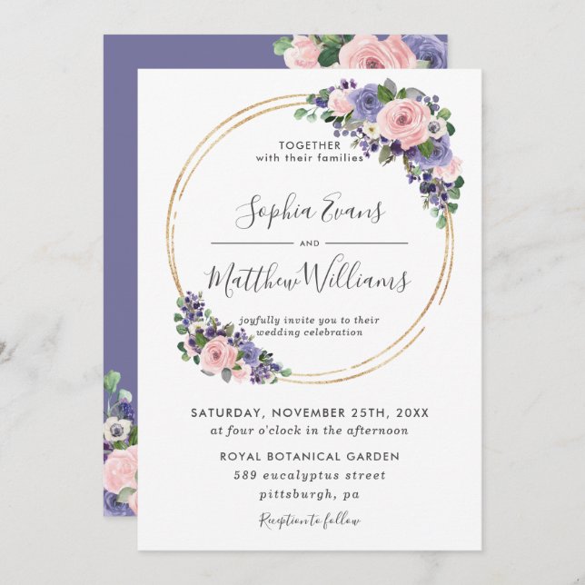 Chic Blush Lavender Purple Floral Gold Wedding Invitation (Front/Back)