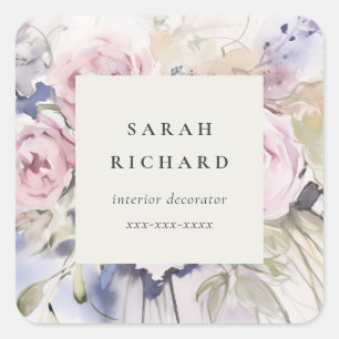 Chic Blush Lilac Watercolor Rose Floral Business Square Sticker
