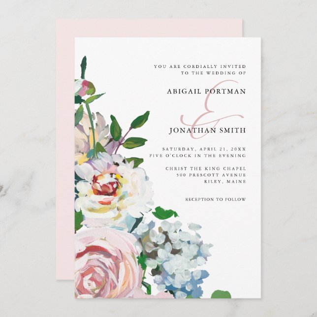 Chic Blush Pastel Watercolor Floral Blooms Wedding Invitation (Front/Back)