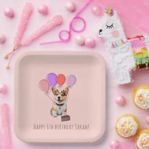 Chic Blush Peach Neutral Corgi Birthday Party Paper Plate