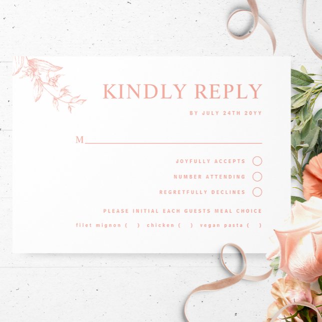 Chic Blush, Peach, White Wedding With/without Meal RSVP Card (Creator Uploaded)