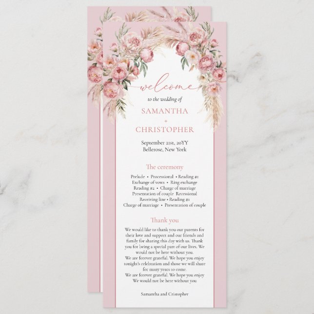 Chic blush peonies pampas boho arch boho program (Front/Back)