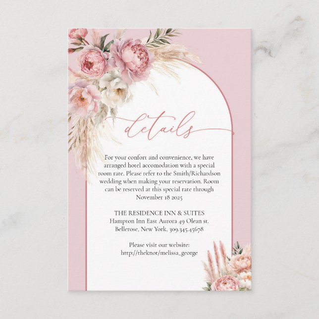 Chic blush peonies pampas boho arch details enclosure card (Front)