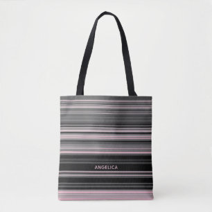 Chic Blush Pink and Black Stripes with Name Tote Bag
