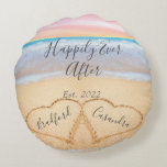 Chic Blush Pink Beach Couples Hearts Sand  Round Cushion<br><div class="desc">Chic Blush Pink Beach Couples Hearts Sand. Newlywed 1st Valentine's Day / year,  anniversary keepsake.  Couples Names in Hearts in Sand coastal memory keepsake.</div>