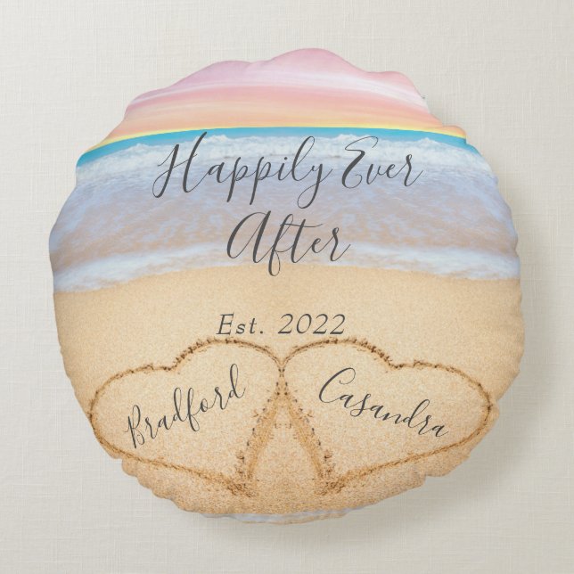Chic Blush Pink Beach Couples Hearts Sand  Round Cushion (Back)
