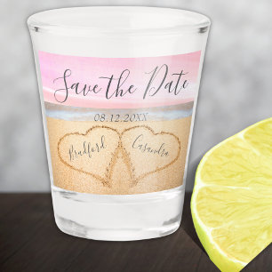 Chic Blush Pink Beach Couples Hearts Sand  Shot Glass