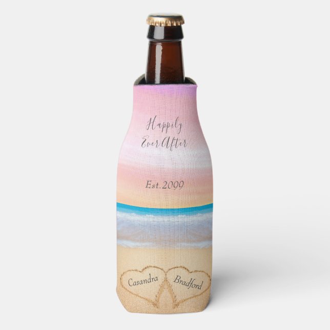 Chic Blush Pink Beach Wedding 2 Hearts Bottle Cooler (Bottle Front)