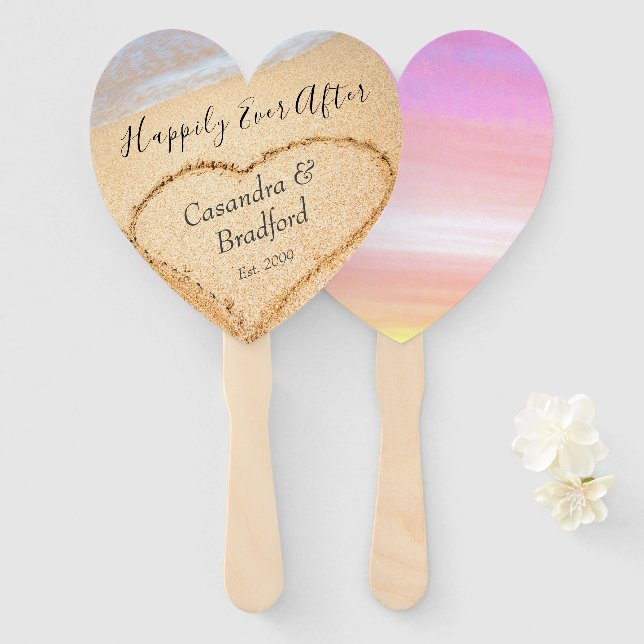 Chic Blush Pink  Beach Wedding Heart Sand favour Hand Fan (Front and Back)