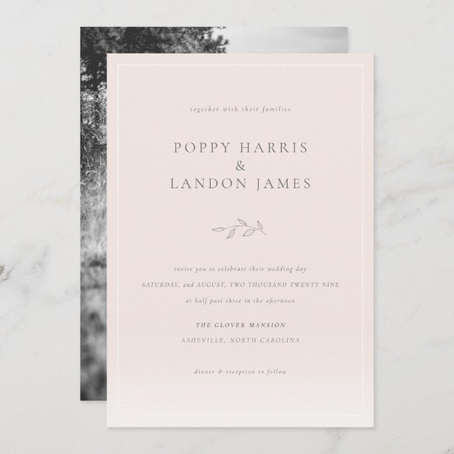 Chic Blush Pink Botanical Photo Wedding Invitation (Front/Back)