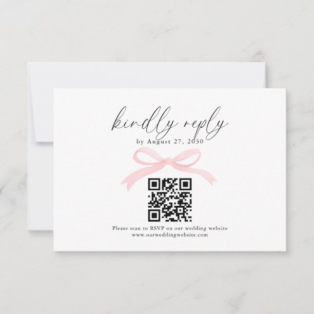 Chic Blush Pink Bow Ribbon QR Code Wedding Rsvp Card (Front)