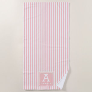 Chic Blush Pink Cabana Stripes Monogrammed Initial Beach Towel