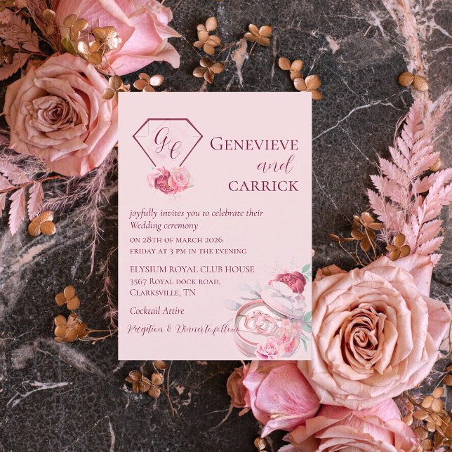 Chic Blush Pink & Crimson Red Wedding Invitation (Creator Uploaded)