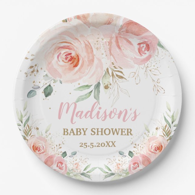 Chic Blush Pink Floral Baby Bridal Shower Birthday Paper Plate (Front)