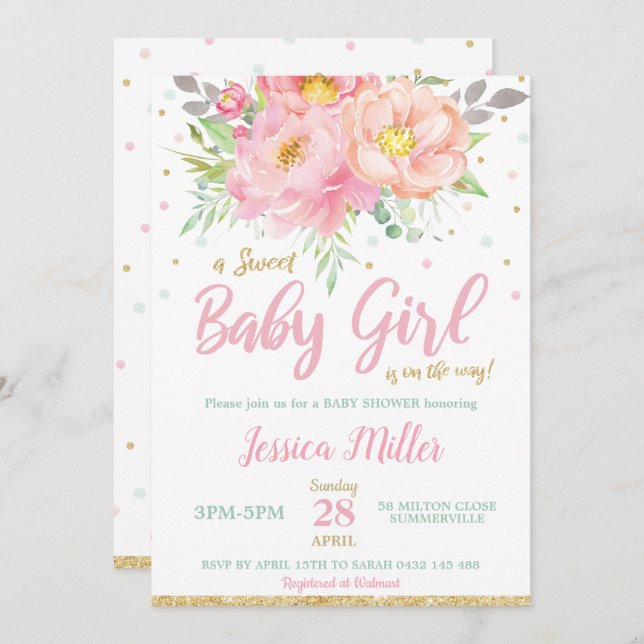 Chic Blush Pink Floral Baby Shower Mint Baby Girl Invitation (Front/Back)