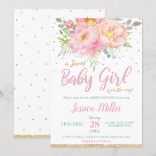 Chic Blush Pink Floral Baby Shower Mint Baby Girl Invitation