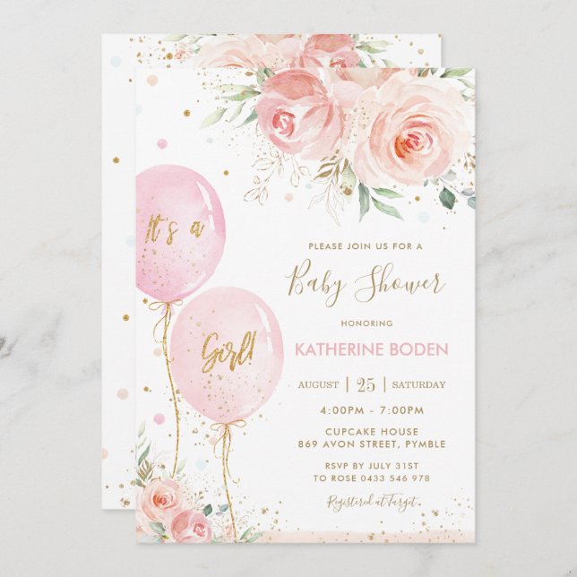 Chic Blush Pink Floral Balloons Gold Baby Shower Invitation (Front/Back)