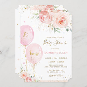 Chic Blush Pink Floral Balloons Twins Baby Shower Invitation