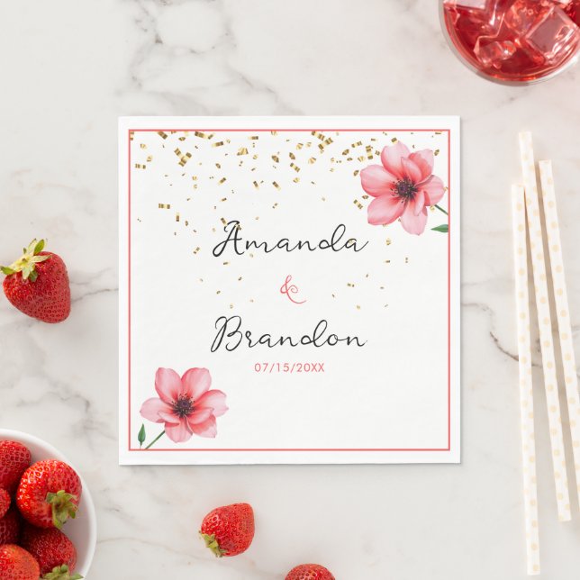 Chic Blush Pink Floral Confetti Frame Wedding Napkin (Insitu)