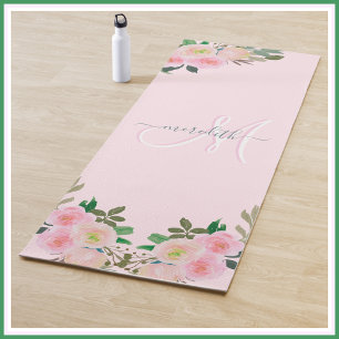 Chic Blush Pink Floral CustomMonogram Script Name  Yoga Mat
