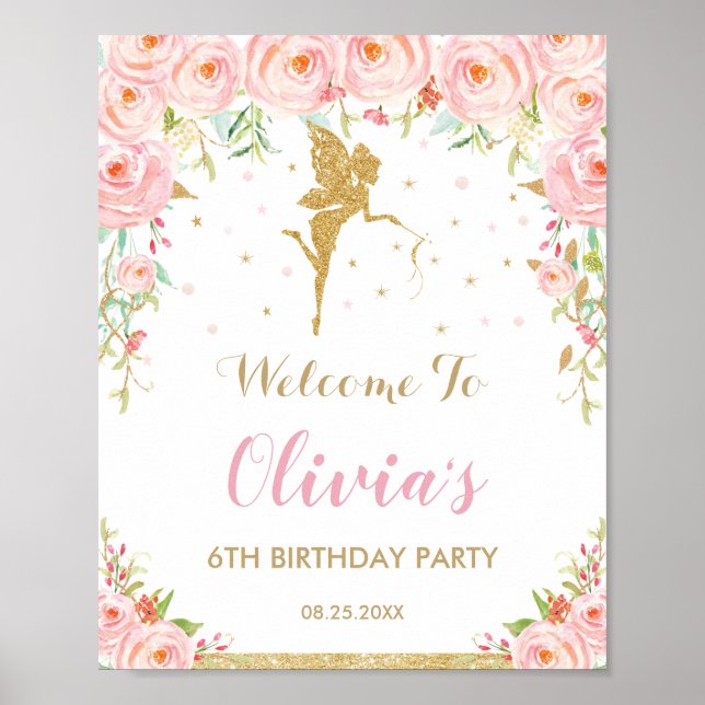 Chic Blush Pink Floral Fairy Birthday Welcome Poster (Front)
