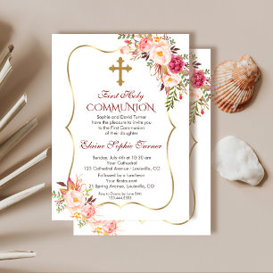 Chic Blush Pink Floral Gold First Holy Communion Invitation