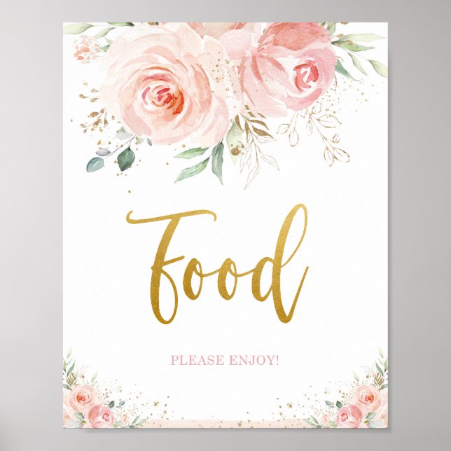 Chic Blush Pink Floral Gold Foliage Food Sign (Front)