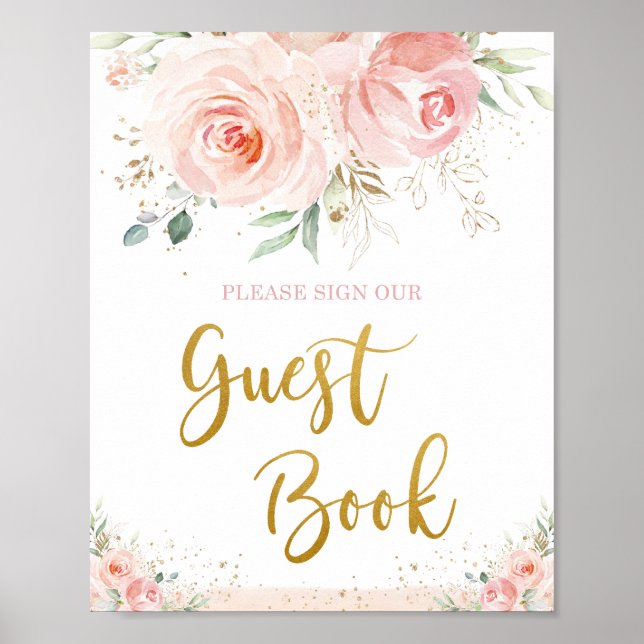 Chic Blush Pink Floral Gold Foliage Guestbook (Front)