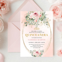 Chic Blush Pink Floral Gold Quinceañera Boho Invit