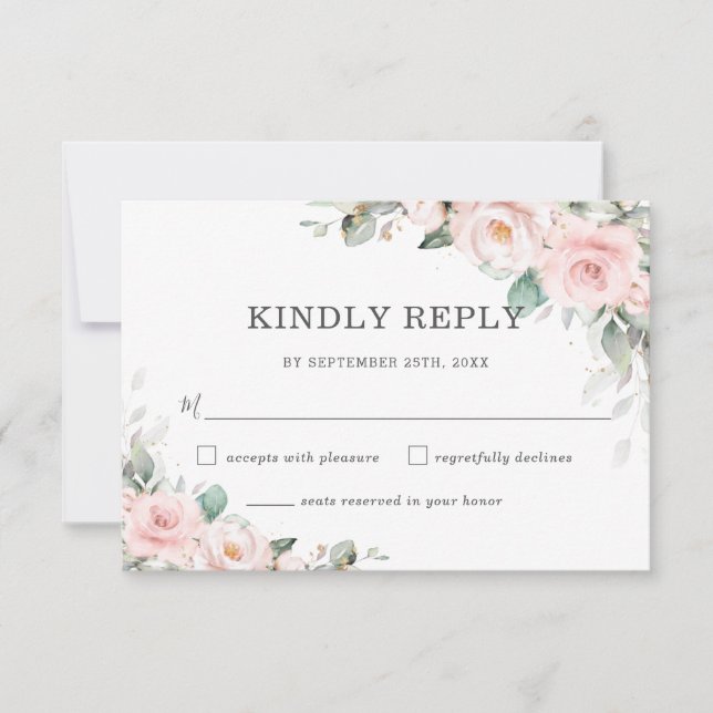Chic Blush Pink Floral Greenery Wedding RSVP Card (Front)