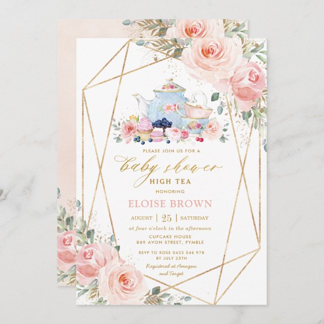 Chic Blush Pink Floral High Tea Baby Shower  Invitation (Front/Back)