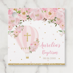Chic Blush Pink Floral Hot Air Balloon Baptism Favour Tags