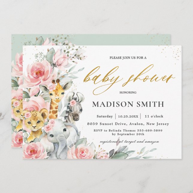 Chic Blush Pink Floral Jungle Animals Baby Shower Invitation (Front/Back)