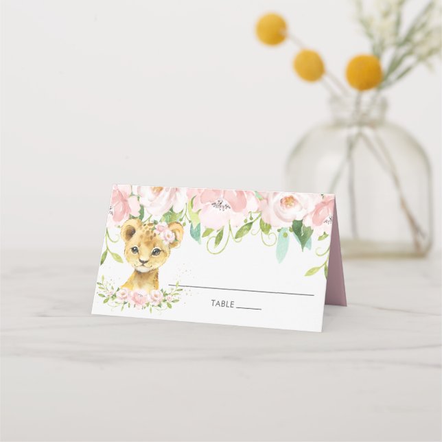 Chic Blush Pink Floral Lion Cub Guest Name Place Card (Front)