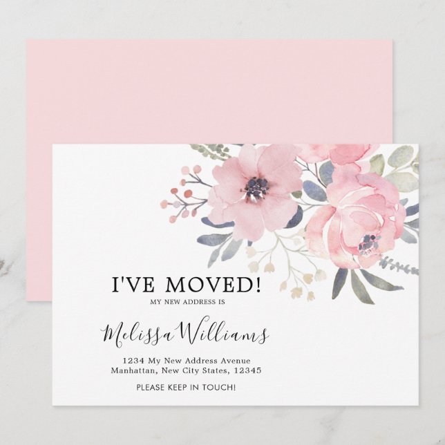 Chic Blush Pink Floral Moving Announcement Card (Front/Back)