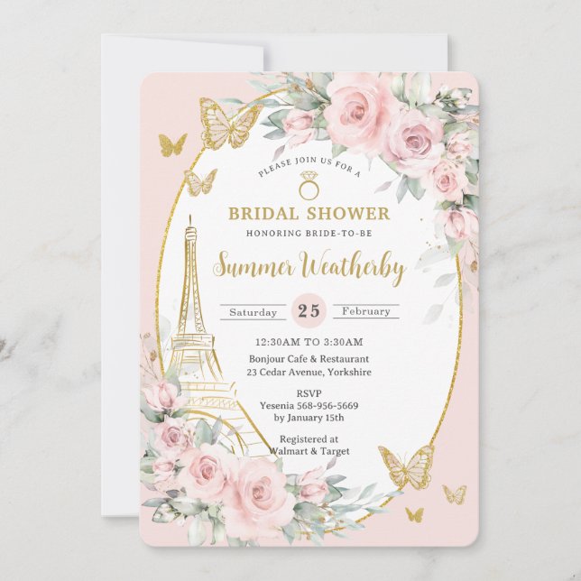 Chic Blush Pink Floral Paris Eiffel Bridal Shower  Invitation (Front)