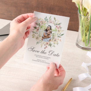 Chic Blush Pink Floral Photo Save the Date Vellum Invitations