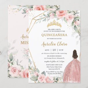Chic Blush Pink Floral Princess Crown Quinceañera Invitation
