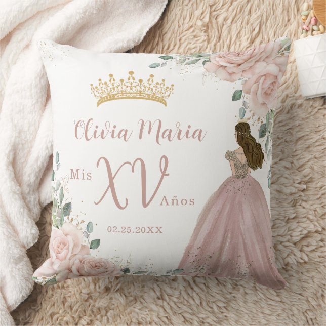 Chic Blush Pink Floral Princess Dress Quinceañera Cushion (Blanket)