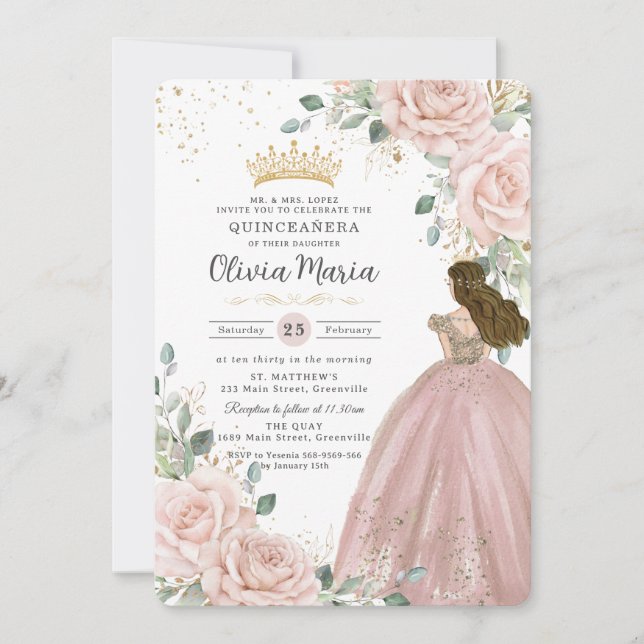 Chic Blush Pink Floral Princess Dress Quinceañera Invitation (Front)