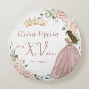 Chic Blush Pink Floral Princess Dress Quinceañera Round Cushion