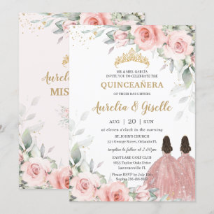 Chic Blush Pink Floral Rose Gold Twins Quinceañera Invitation