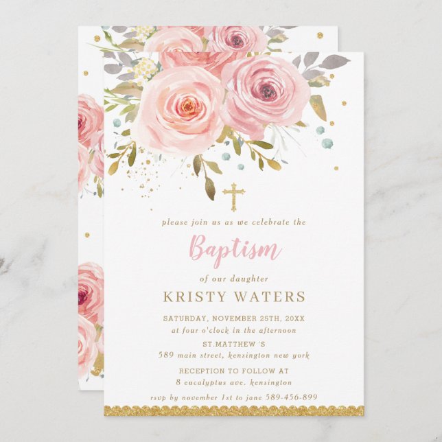 Chic Blush Pink Floral Roses Gold Leaves Baptism Invitation (Front/Back)