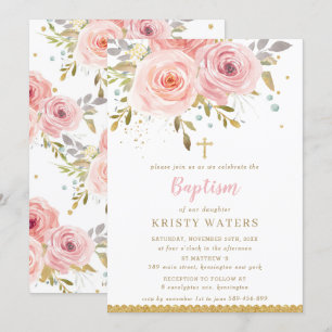 Chic Blush Pink Floral Roses Gold Leaves Baptism Invitation