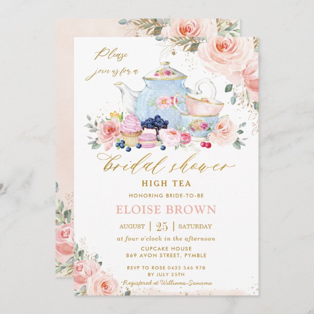 Chic Blush Pink Floral Tea Party Bridal Shower  Invitation (Front/Back)