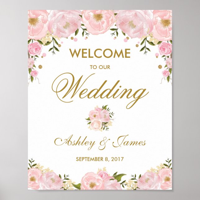 Chic Blush Pink Floral Wedding Poster Welcome Sign (Front)