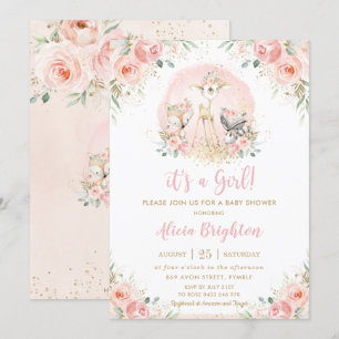 Chic Blush Pink Floral Woodland Girl Baby Shower Invitation
