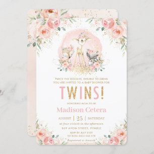 Chic Blush Pink Floral Woodland Twins Baby Shower Invitation