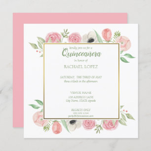 Chic Blush Pink Florals   Gold Frame Quinceanera Invitation