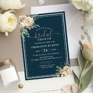 Chic Blush Pink Florals & Navy Bridal Shower Invitation
